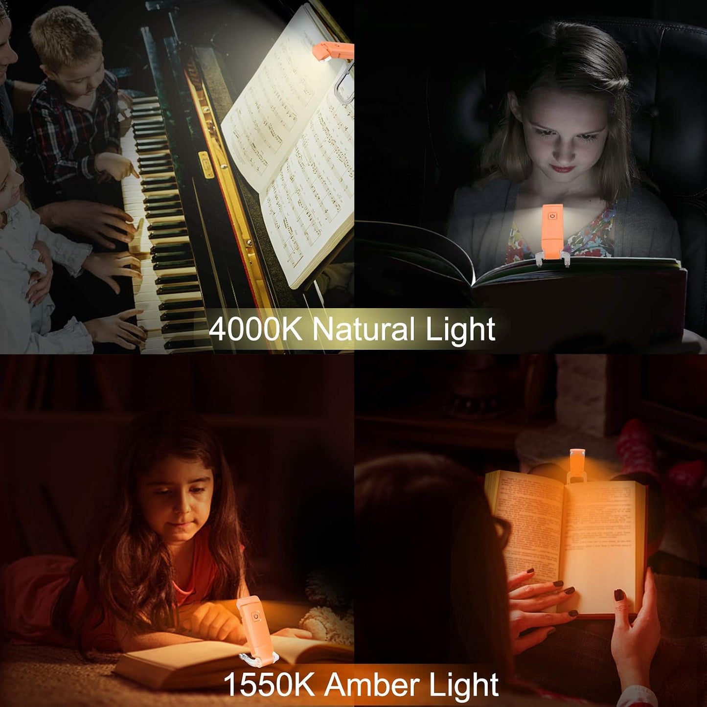 LUXSWAY USB Rechargeable Book Light for Reading,Small Book Reading Light in Bed,Clip On Bookmark Kids Light for Bed,Brightness Adjustable for Eye Care,2 4000K and 2 1550K LEDs for Bookworms