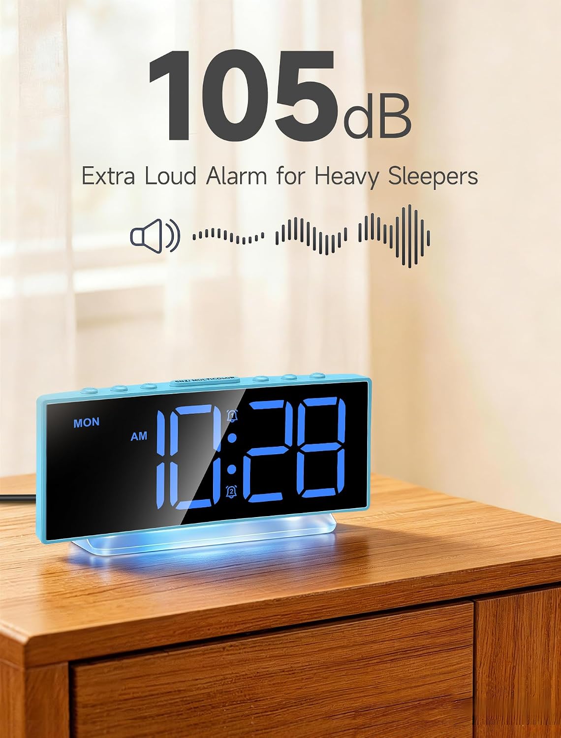 Cadmos Digital Alarm Clock - Extra Loud for Heavy Sleepers Adults Teens Kids, Rainbow Bedside Clock for Bedrooms, Large Display, 7 Color Night Light, Weekday & Weekend, 12/24h (Black+Dynamic)