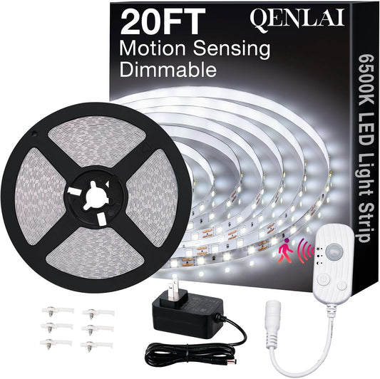 20FT White LED Strip Lights with Motion Sensor, 6500K Daylight Motion Sensing Dimmable 12V 360 LEDs Flexible Cuttable Tape Lights for Bedroom Kitchen Cabinet Ceiling Lighting