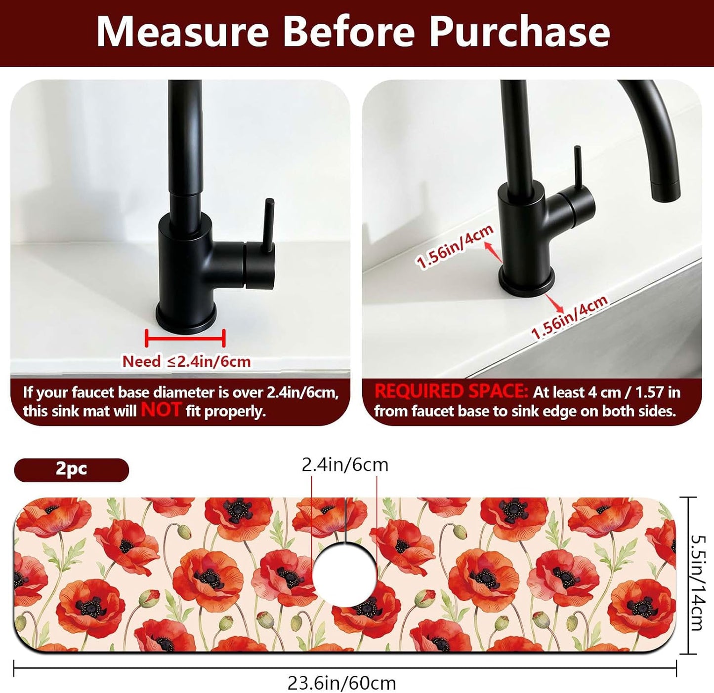 2 Pcs Kitchen Sink Splash Guard Faucet Mat Wood Grain Pattern Faucet Mat for Sinks Natural Wood Color Absorbing Drying Mats for Kitchen Bathroom, 23.6x5.5inch