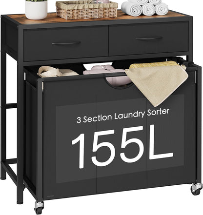 Laundry Sorter, Rolling Laundry Hamper with 3 Section Pull-Out Bags, Laundry Basket Organizer with 2 Drawers & 2-Tone Top Panel, Laundry Hamper with Wheels for Laundry Room Organization, Bathroom