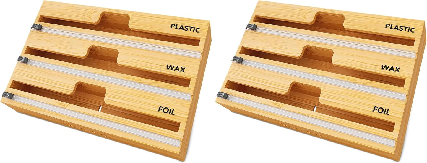 SpaceAid WrapNeat 2 in 1 Wrap Organizer with Cutter and Labels, Plastic Wrap, Aluminum Foil and Wax Bamboo Dispenser for Kitchen Storage Organization Holder for 12" Roll (Natural, 2-Slot)