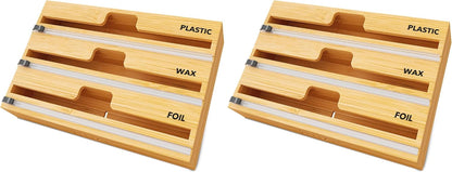 SpaceAid WrapNeat 2 in 1 Wrap Organizer with Cutter and Labels, Plastic Wrap, Aluminum Foil and Wax Bamboo Dispenser for Kitchen Storage Organization Holder for 12" Roll (Natural, 2-Slot)