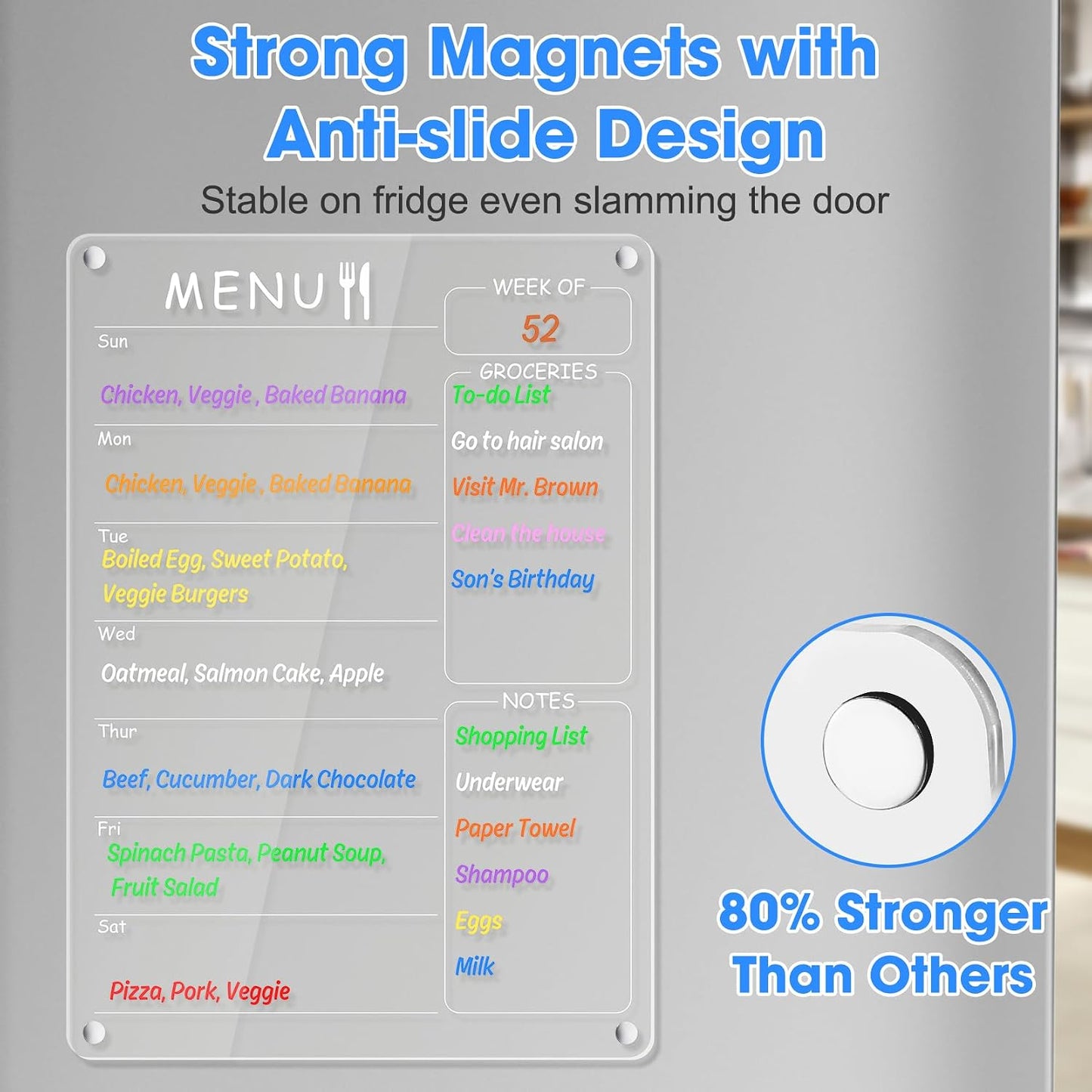 Acrylic Meal Planner Weekly Calendar Menu Board for Kitchen, w/ 8 Markers | Clear Weekly Fridge Calendar Planning Note Board Dry Erase to Do/Grocery/Shopping List/Chore Chart, 12.8x9’’