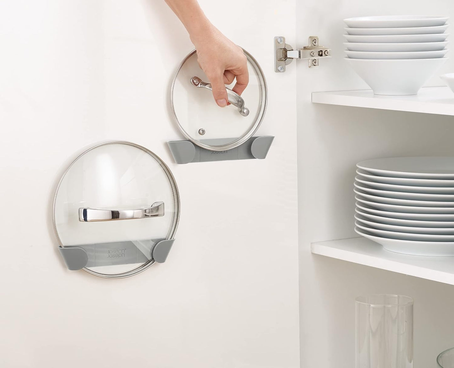 Joseph Joseph Duo - Set of 3 Pot and Pan Lid Holders, Self Adhesive Wall Mount Storage Organiser, Suitable for Lids Up to 24 cm, 3M VHB Tape Included, Grey