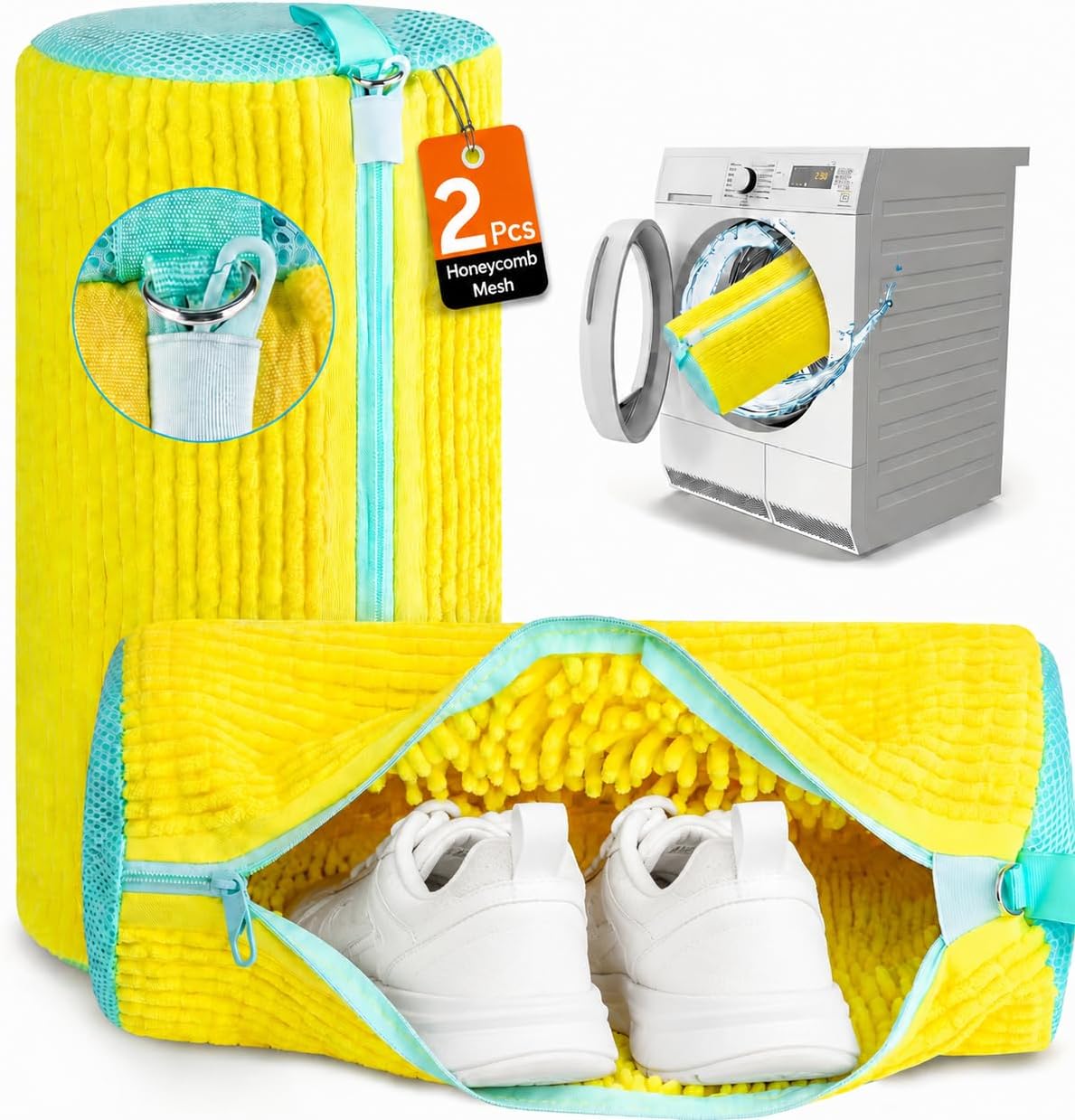 2-Pack Shoe Washing Machine Bag, Microfiber Chenille Laundry Bag for Sneakers - Self-Locking Zipper, 360° Deep Clean, Noise Reduction, Fits All Shoe Sizes, for Tennis Running & Kids Shoes