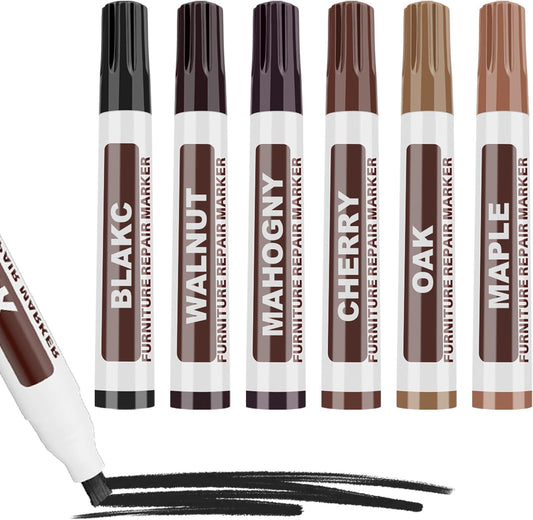 6 Pack Wood Furniture Repair Markers, Quick Dry Touch Up Pens to Cover Scratches, Stains and Defects on Hardwood Floor, Cabinet, Wooden Door, Furniture Repair Kit for Home Use