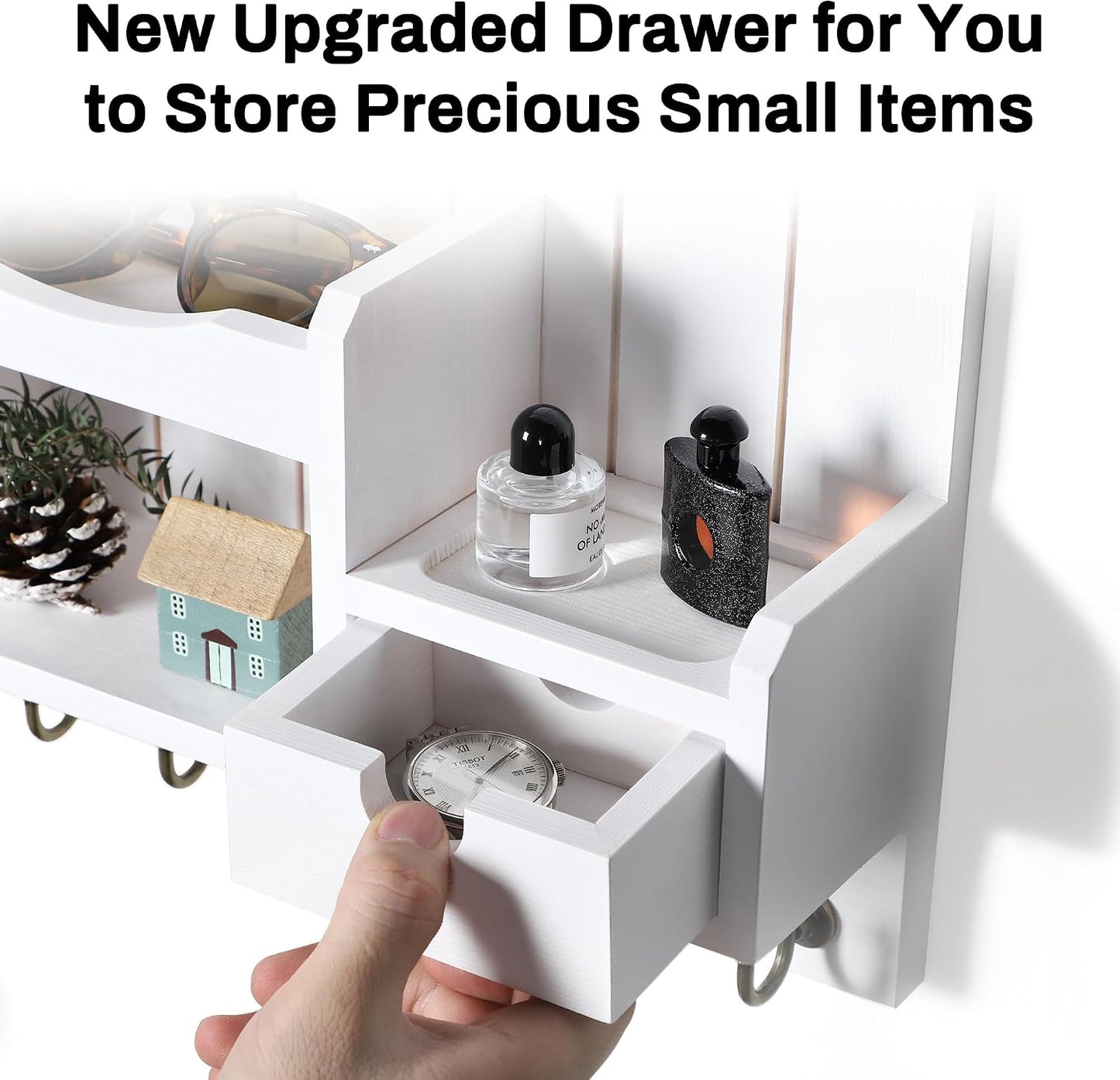 DOPACE Handcrafted Pine Wood Mail Organizer & Key Holder, Black | Hand-polished natural pine wood with storage drawer & 6 hooks, Fine spray paint finish, Easy wall mount