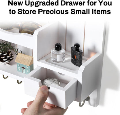 DOPACE Handcrafted Pine Wood Mail Organizer & Key Holder, Black | Hand-polished natural pine wood with storage drawer & 6 hooks, Fine spray paint finish, Easy wall mount