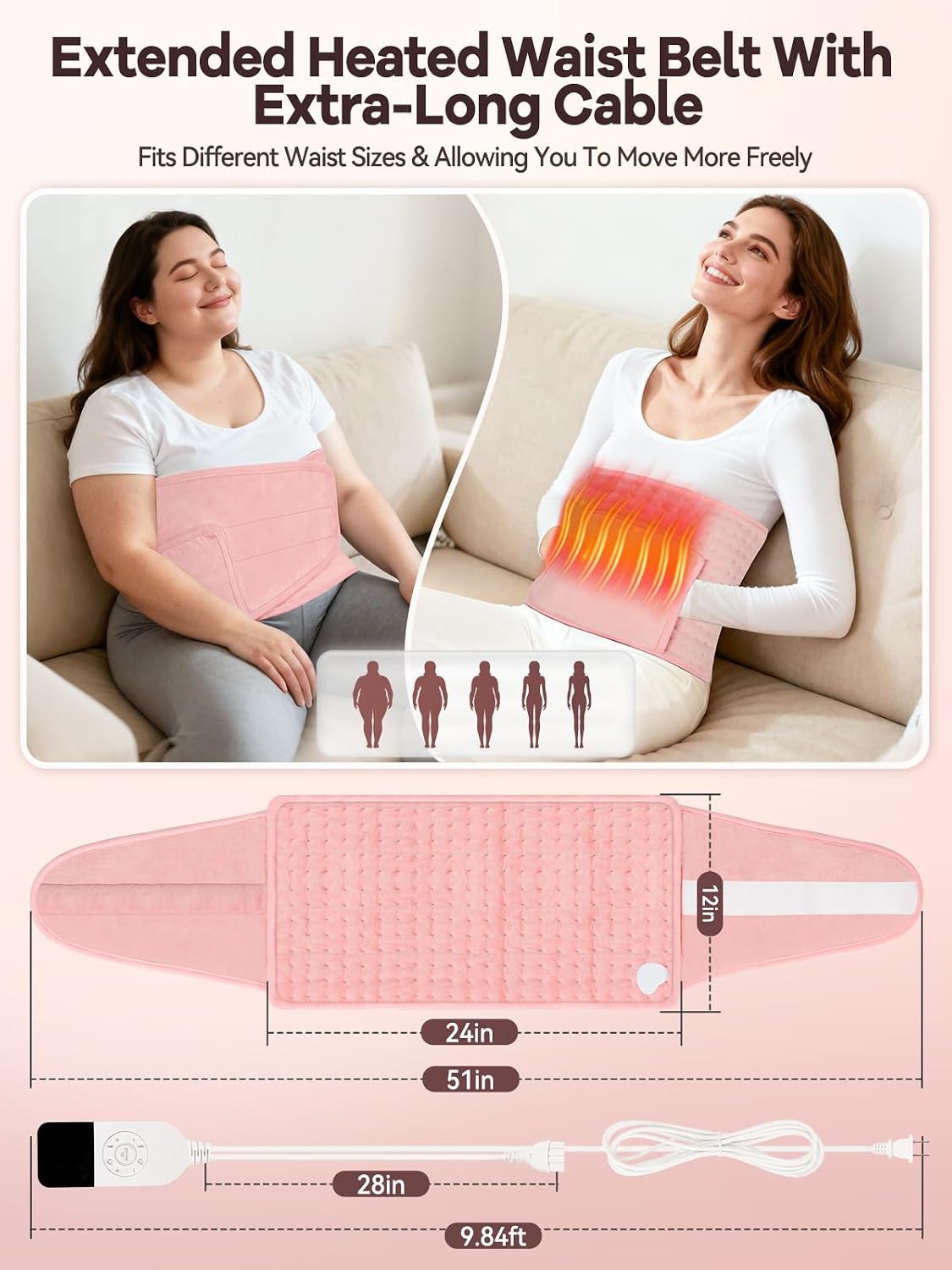 51" Heating Pad for Period Cramps Built with Hand Warmer Pocket, Controller Pocket & 9.84ft/3M Extra-Long Cord, Adj. Temp Timer Auto Shut Off Wrap Around Heated Pad for Women Back Abdomen Pain Relief