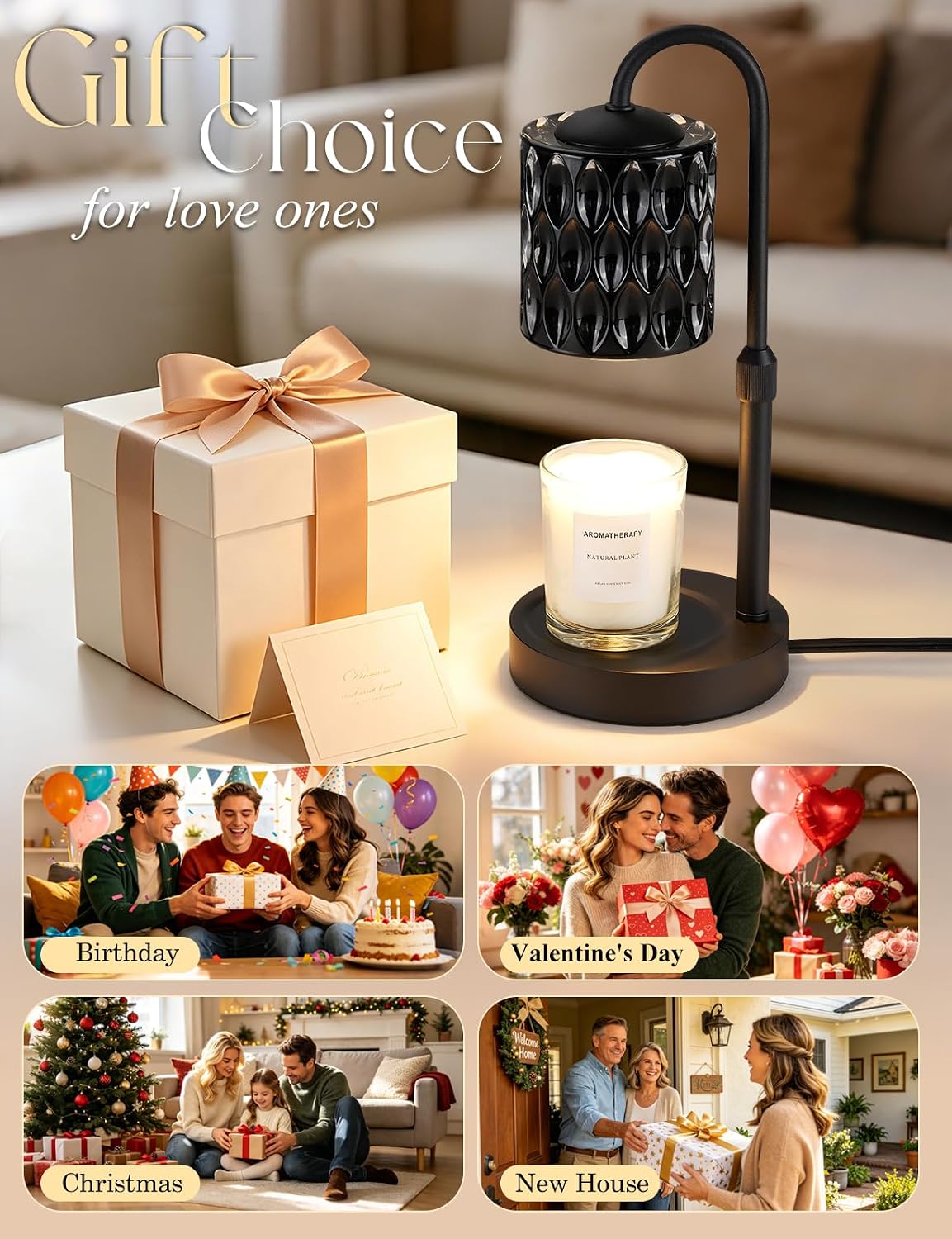 Briever Dimmable Candle Warmer Lamp with Timer, Height Adjustable Electric Candle Wax Warmer, Christmas Birthday Gifts for Women Mom, House Warming Gifts New Home Room Decor, Black Solid Wood Base