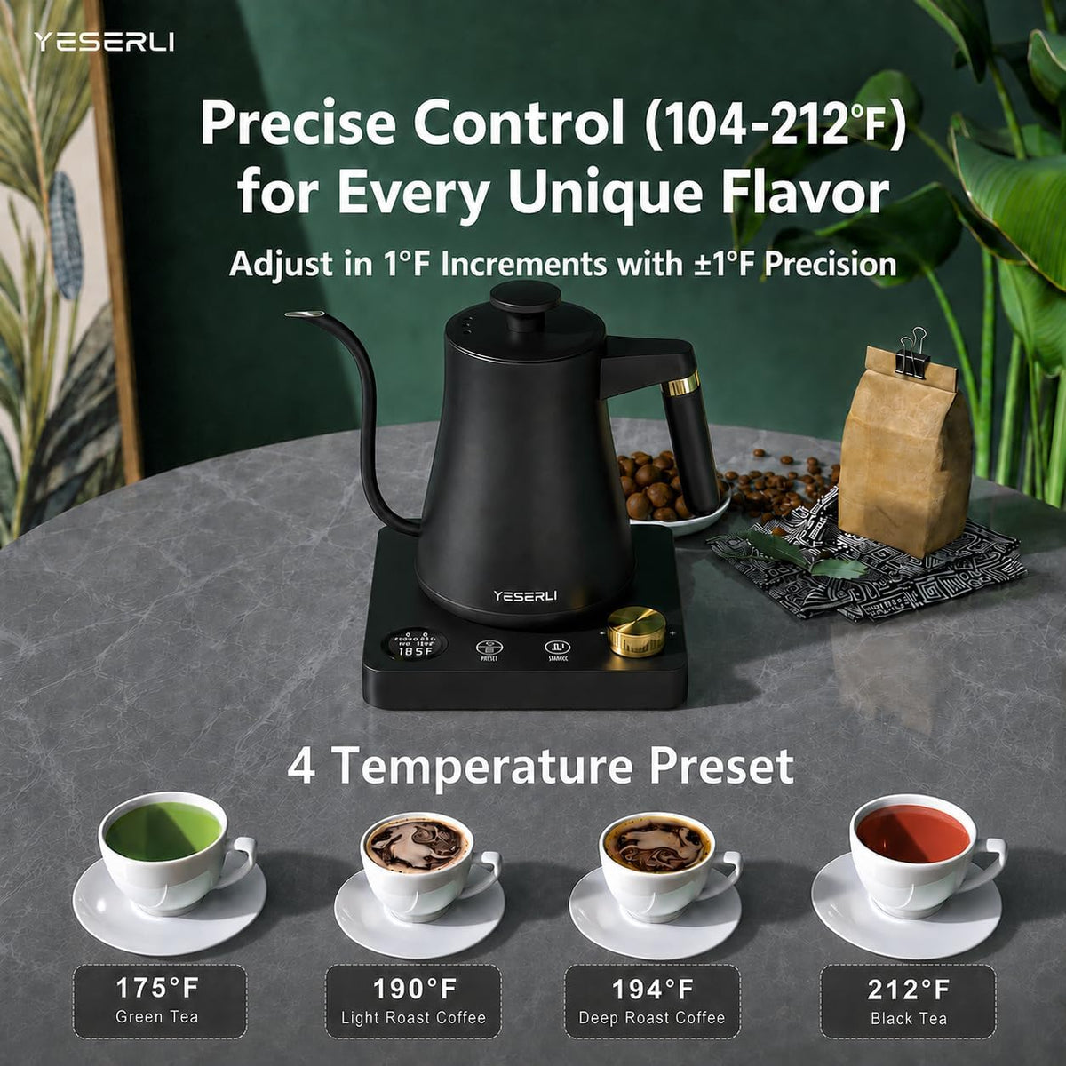 Gooseneck Electric Kettle with ±1℉ Temperature(104-212F) Control 1.0L