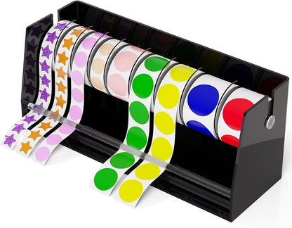 Sticker Dispenser Adjustable Label Roll Holder 2 Divider Disks | Holds 3 Rolls, Easy Assembly, Durable Acrylic, Fits Multiple Roll Sizes, Smooth Dispensing, Home, Office, Retail, Business