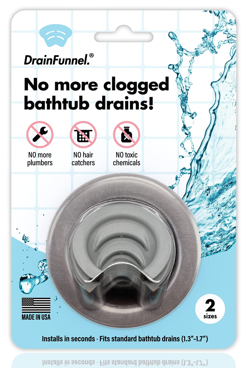 Bathtub Drain Funnel for Hair Clog Prevention, 2 Size Pack 1.3"-1.7" Tub Drains (Gray)