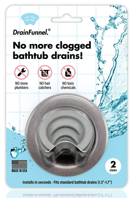 Bathtub Drain Funnel for Hair Clog Prevention, 2 Size Pack 1.3"-1.7" Tub Drains (Gray)