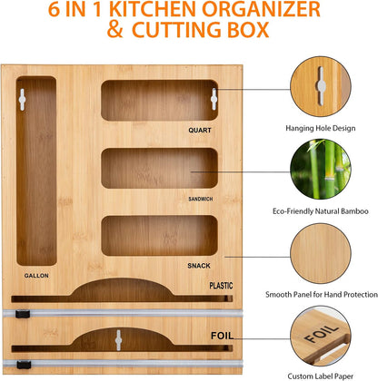 Storage Bag Organizer with Foil and Plastic Wrap Organizer , Aluminum Foil Dispenser with Cutter, Bamboo 6 in 1 Baggie Organizer Suitable for Gallon, Quart, Sandwich, Snack