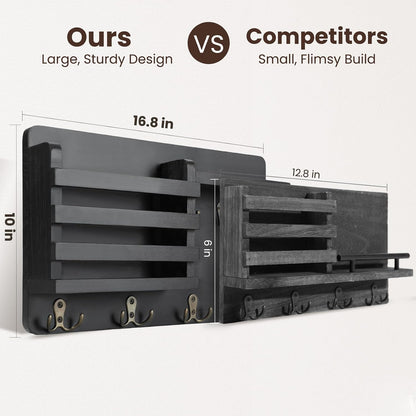 Nekon Mail Holder for Wall, 16.8 Inch Mail Organizer, Black | 16.8Inch x 10Inch x 3.2Inch, Hallway Farmhouse Decor, Storage Racks with Floating Shelf and Flush Mount Hardware