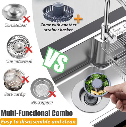 Anlige Kitchen Sink Drain Strainer, 3 in 1 Pop Up Kitchen Sink Stopper, with An Extra Basket Strainer, Universal for US Standard 3-1/2 Inch, Chrome Silver