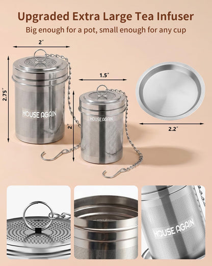 House Again Tea Infusers, Extra Fine Mesh Tea Strainers for Loose Tea, Updated Slim Threaded Lid & 304 Stainless Steel, Filter Bags Diffusers, Loose Leaf Tea Steeper for Brew Tea Spices & Seasonings