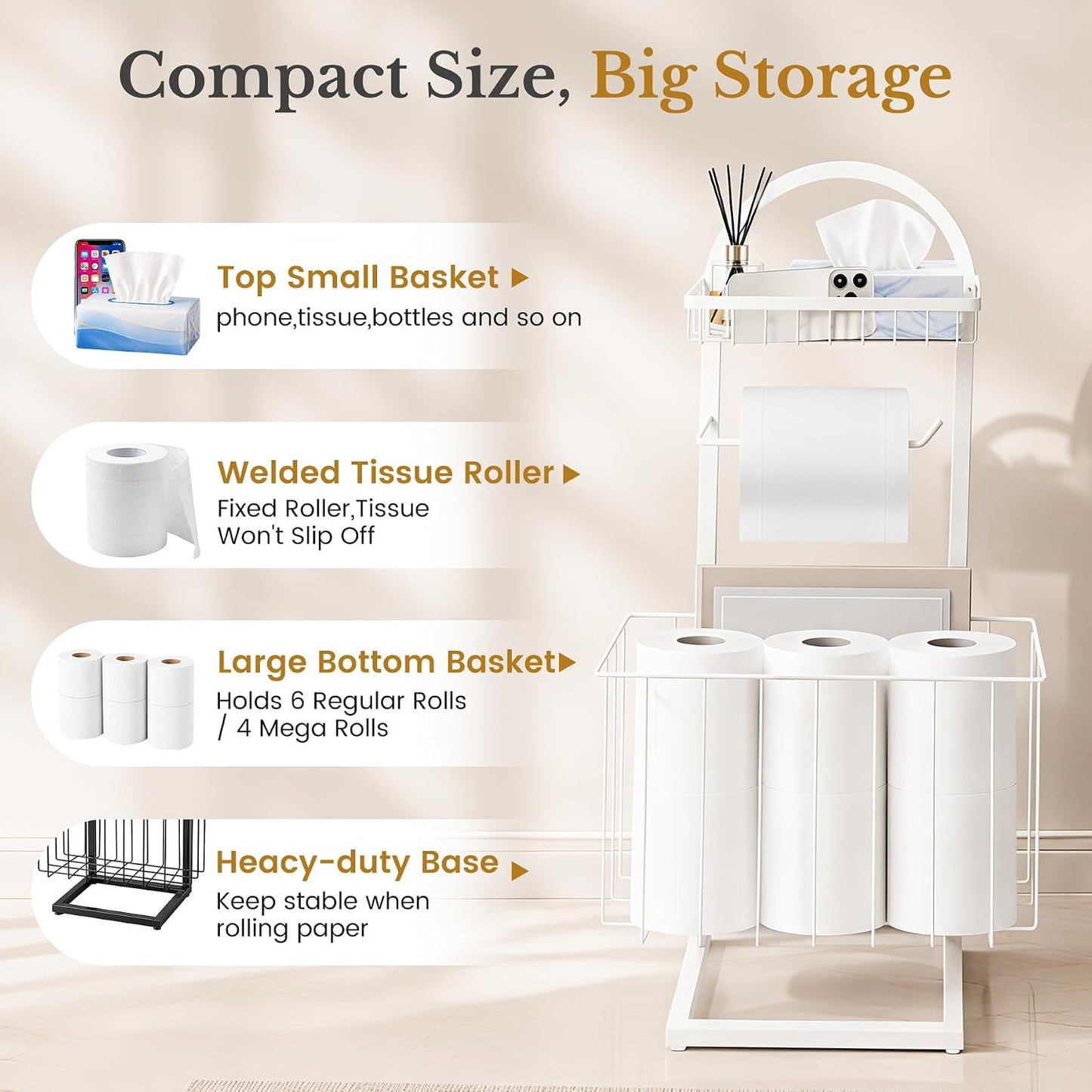 Toilet Paper Holder Stand Freestanding with Storage Basket for Bathroom | Freestanding Toilet Paper Stand for Bathroom,Heavy Duty Tissue Roll Holder Rack with Top Shelf for Organizer,black