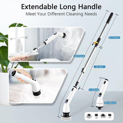 Electric Spin Scrubber,8 Replaceable Brush Heads for Home | IPX7 waterproof power scrubber with LCD display, multi heads, extendable handle, 90min runtime for bathroom kitchen glass car
