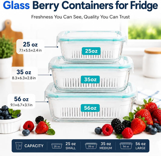 Glass Berry Container for Fridge, 3 Pack, 56oz 35oz 25oz, with Removable Colander and Vent Valve, Fresh Produce Storage Set