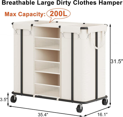 WOWLIVE Laundry Sorter 2 Section, 200L Rolling Laundry Hamper with Wheels | Laundry Cart with Steel Frame, Laundry Basket with Hanging and Removable Bag, Storage Unit Basket Organizer for Dorm, Beige