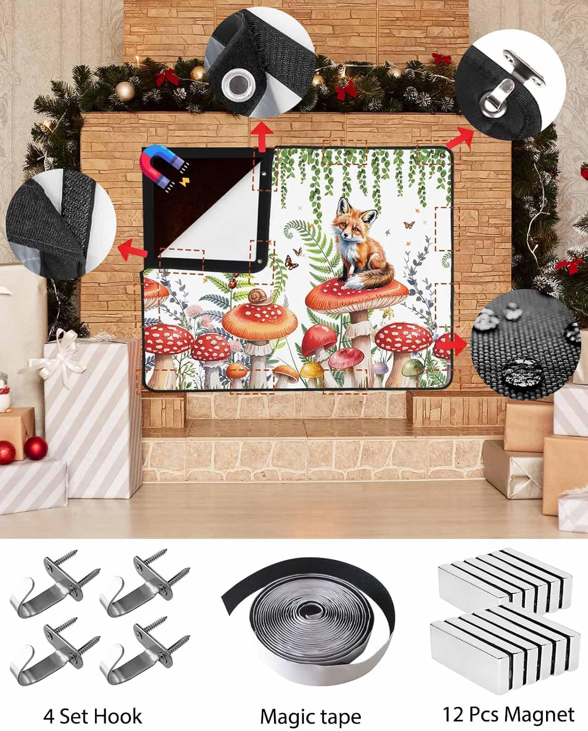 Magnetic Fireplace Cover Red Mushroom Fox Fireplace Screen Decorative Eucalyptus Leaves Butterfly Black Insulation Fireplaces Blocker Save Energy Fireplaces Draft Stopper Covers for Living Room 36x30