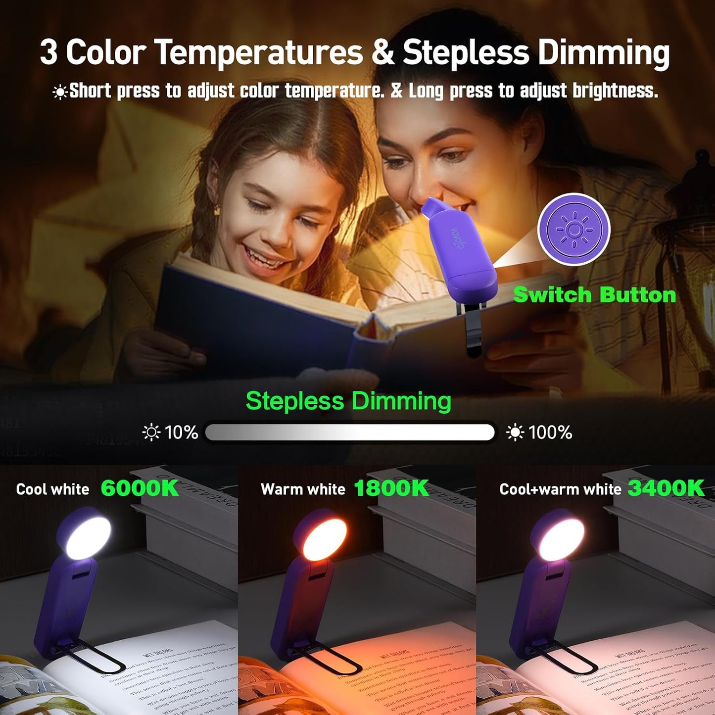 VAVOFO USB Rechargeable Bookmark Reading Light, Blue Light Blocking Amber LEDs for Bedtime Reading - Clip On, 9 Lighting Modes