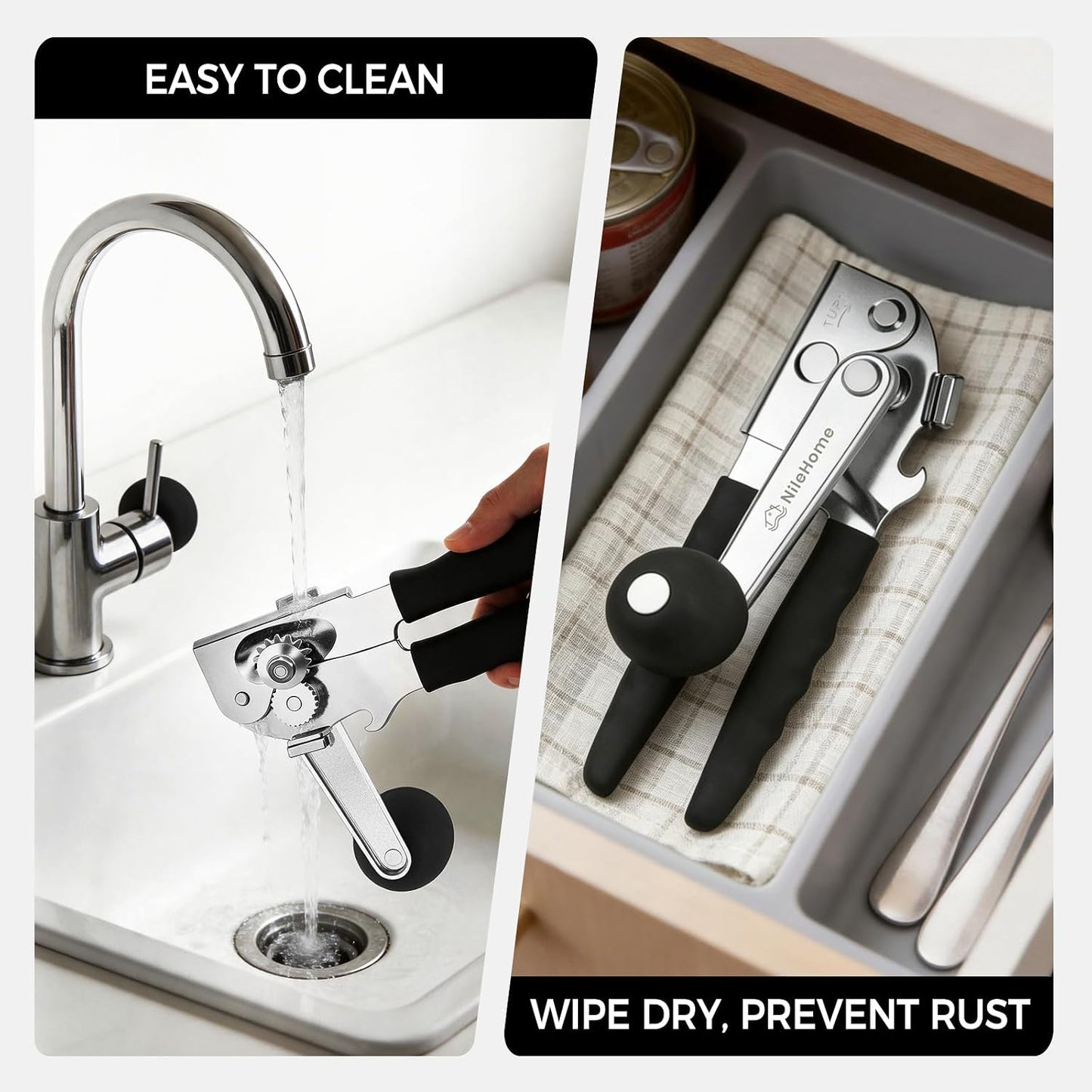 NileHome Commercial Hand Crank Can Opener with Extra-Long Handles, Black | Heavy Duty Durable, Built-In Magnet, Smooth Cranking, Manual Can Opener, Ideal for Large Cans, Senior-Friendly