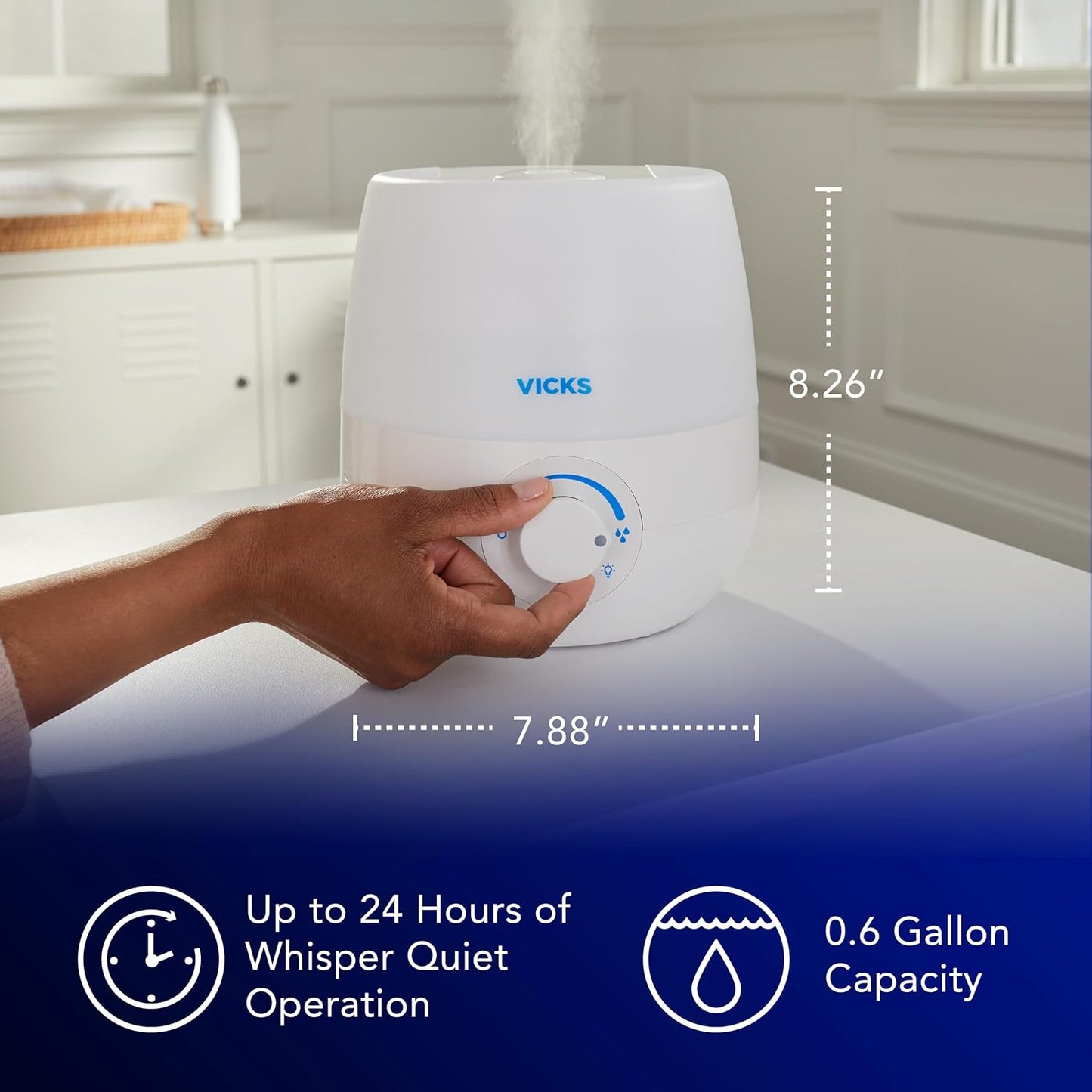 Vicks NaturalCare Cool Mist Ultrasonic Humidifier, White | Small Room Humidifier for Bedroom, Diffuser with Nighttime Light, Works with Vicks VapoPads