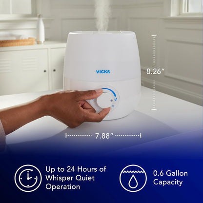 Vicks NaturalCare Cool Mist Ultrasonic Humidifier, White | Small Room Humidifier for Bedroom, Diffuser with Nighttime Light, Works with Vicks VapoPads