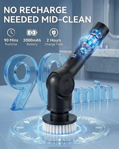 Electric Spin Scrubber, 3-Speed Shower Scrubber with Long Handle & 10 Replaceable Brush Heads, Cordless Full-Body IPX7 Waterproof Shower Cleaner Brush with 90 Mins Runtime for Bathroom