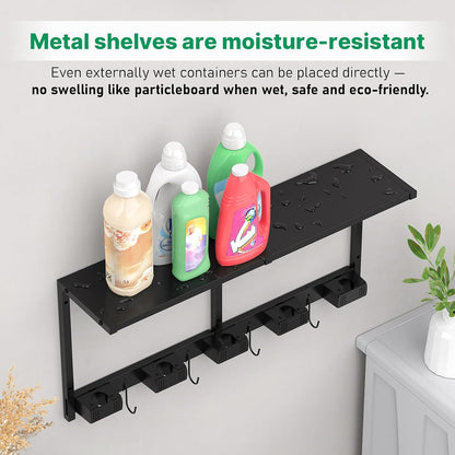 CCCEI Broom and Mop Wall Mount with Shelf, Laundry Room Cleaning Tools Organization Hanging Rack with Hooks, Bathroom, Garage, Garden Organizers and Storage. All Metal, Black, 1 Pack.