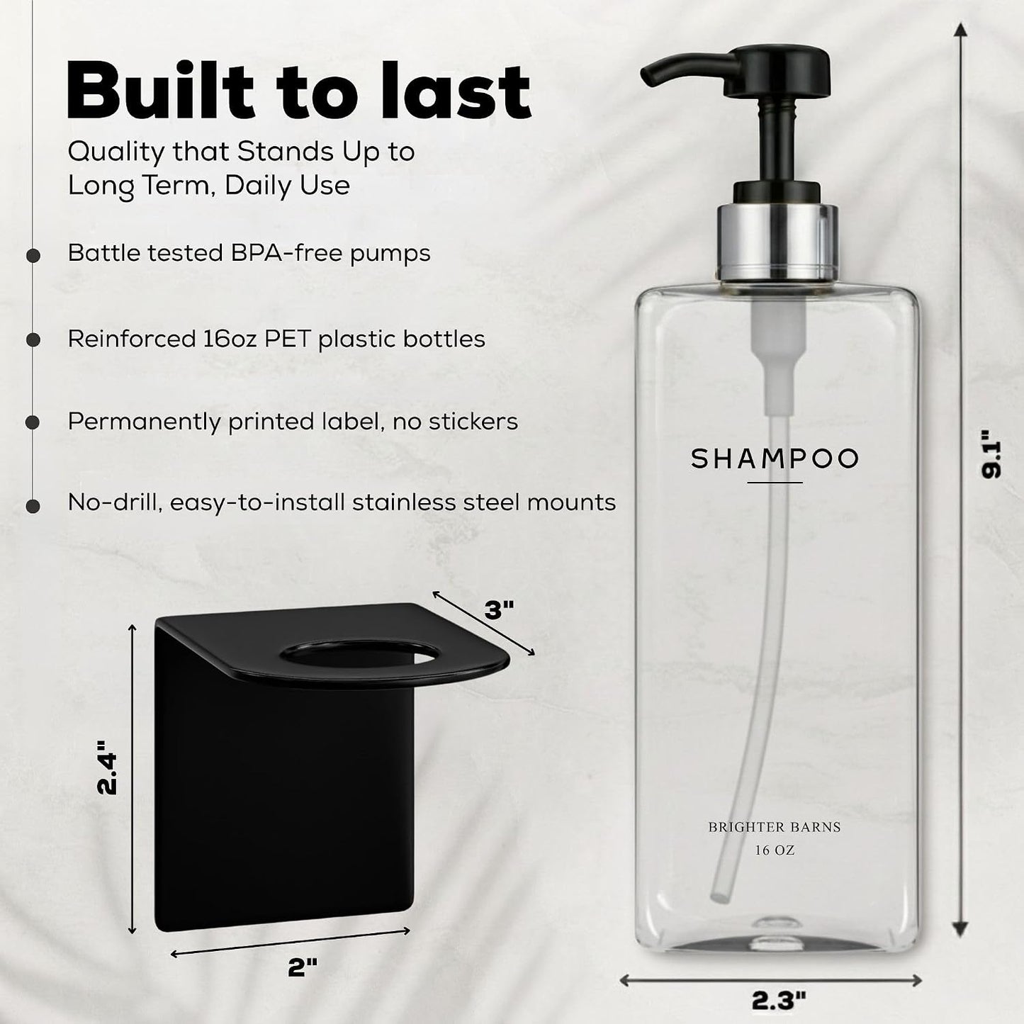 Clear Shampoo and Conditioner Dispenser Set Wall Mounted by Brighter Barns - Refillable Shower Soap Dispensers 3 Chamber No Drill - Plastic Shampoo, Body Wash and Conditioner Bottle for Hotels (Clear)