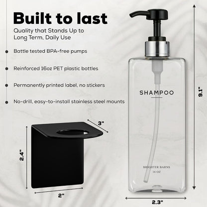 Clear Shampoo and Conditioner Dispenser Set Wall Mounted by Brighter Barns - Refillable Shower Soap Dispensers 3 Chamber No Drill - Plastic Shampoo, Body Wash and Conditioner Bottle for Hotels (Clear)