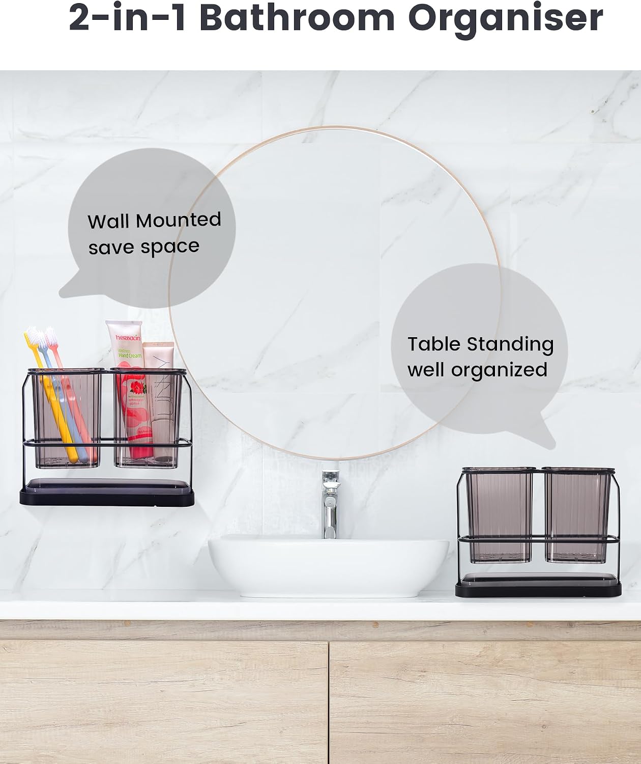 Clear Toothbrush Holders for Bathroom, 2 Cups Wall Mounted, Dry & Wet Separation, Organizers and Storage Set for Family Kids