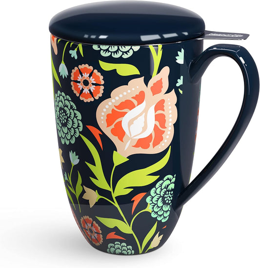 Tea Cup with Infuser and Lid for Steeping Loose Leaf Tea Bag Coffee Milk Women Office Home Gift 16oz Peach Blossoms
