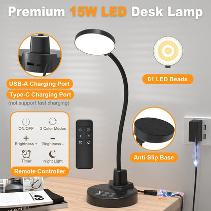 15W LED Desk Lamp with USB Charging Ports – Dimmable Table Lamp with 3 Color Temps, 5 Brightness, 4 Timers, Flexible Gooseneck Light with Base, Eye-Caring Reading Light for Home Office, Bedroom, Study