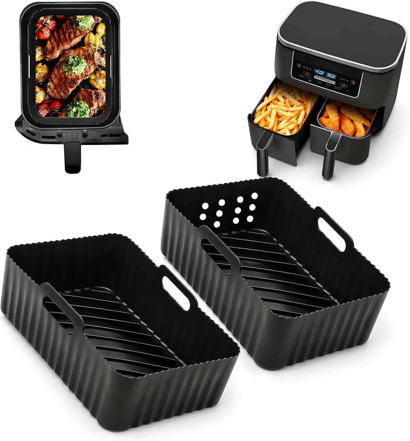Szyeequoo Silicone Air Fryer Liners 2 Pack for Ninja Dual Zone, 1 Perforated and 1 Solid, Rectangle Reusable Liners for DZ201 DZ401 DZ550 DZ302, COSORI 9QT Instant Chefman Dual Basket Air Fryers