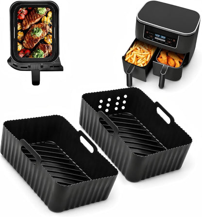 Szyeequoo Silicone Air Fryer Liners 2 Pack for Ninja Dual Zone, 1 Perforated and 1 Solid, Rectangle Reusable Liners for DZ201 DZ401 DZ550 DZ302, COSORI 9QT Instant Chefman Dual Basket Air Fryers
