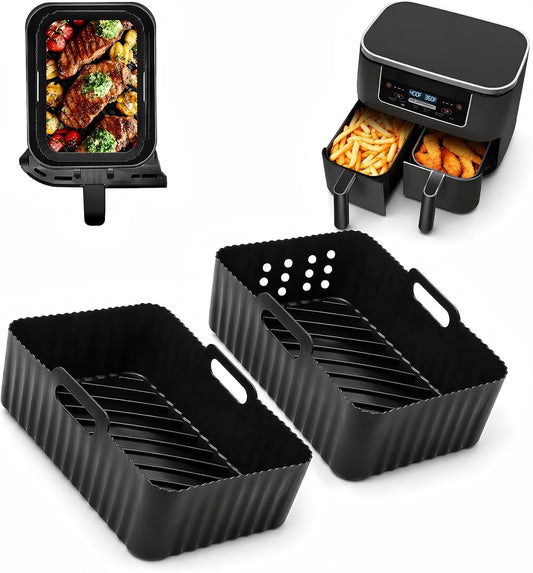 Szyeequoo Silicone Air Fryer Liners 2 Pack for Ninja Dual Zone, 1 Perforated and 1 Solid, Rectangle Reusable Liners for DZ201 DZ401 DZ550 DZ302, COSORI 9QT Instant Chefman Dual Basket Air Fryers