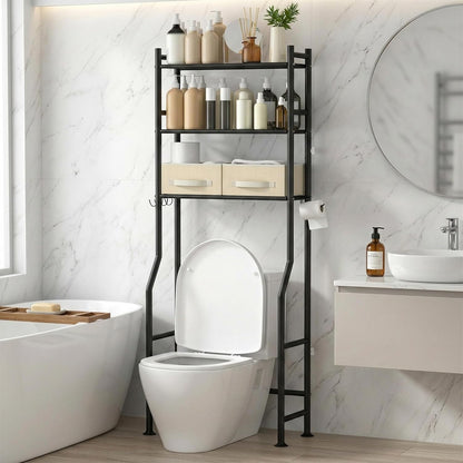 GloTika 3-Tier Over Toilet Storage, Anti-Tilt, 64" H, Black | Anti-Tilt Safety System, 150lb Capacity, Carbon Steel, Freestanding, No Drilling, Anti-Rust Coating, Paper Holder & 4 Hooks