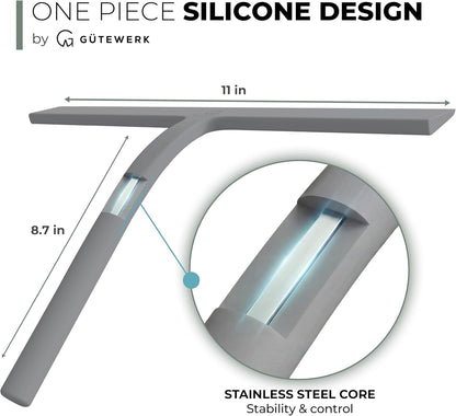 Silicone Shower Squeegee with 3-in-1 No-Drill Mount, Black, 9'' | Squeegee for Glass Doors & Mirrors with Stainless Steel Core, Streak-Free & No-Squeak Window Cleaning, Hook/Suction/Adhesive