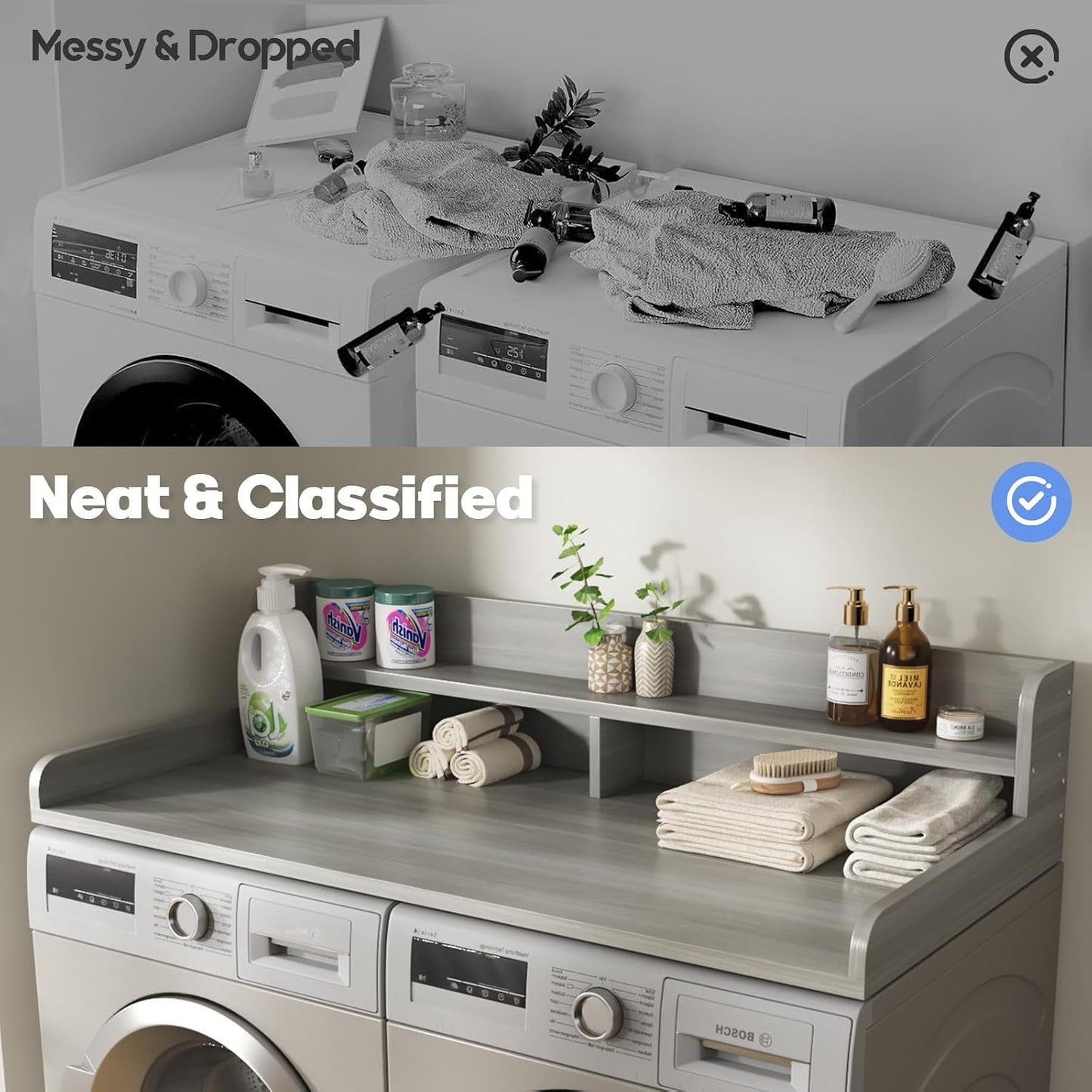 2-Tier Washer and Dryer Countertop with 2.75" H Guard,54" W x 27.5" D Laundry Countertop Cover with Non-Slip Pad,Large Space Laundry Topper for Folding Clothes Over Washer and Dryer-White