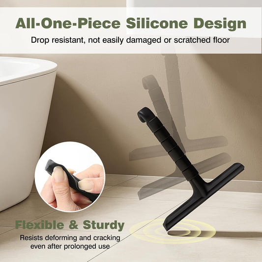 Roylvan Silicone Shower Squeegee for Glass Doors with Built-in Hook, Black | All-in-One Shower Squeegee with Ergonomic Grip, Household Window Mirror Cleaner for Bathroom Glass Kitchen Tile Wall Car