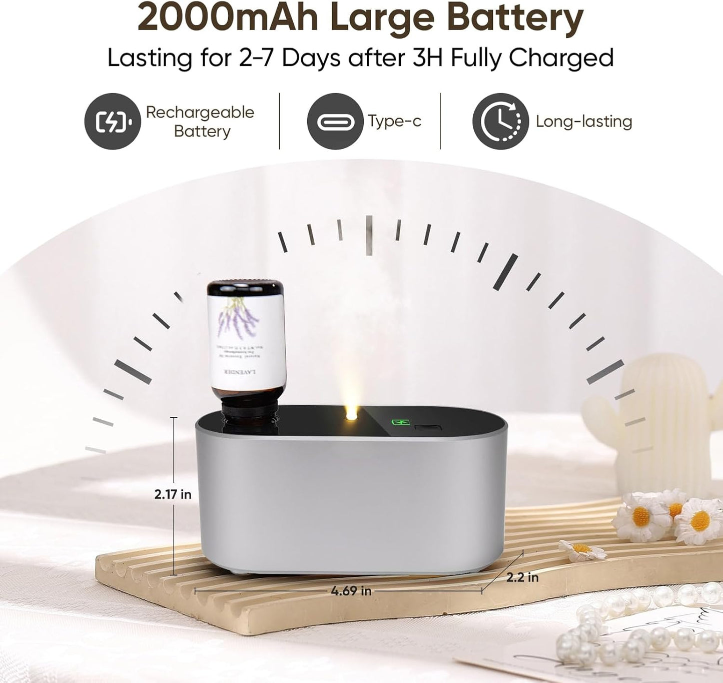 Lecdura Waterless Diffuser for Essential Oil, Battery Operated Scent Air Aromatherapy Diffuser, Mini Aroma Diffusers with 3 Intermittent Mist Modes, Cycle Start for 400-700 sq.ft Home Office Bedroom.