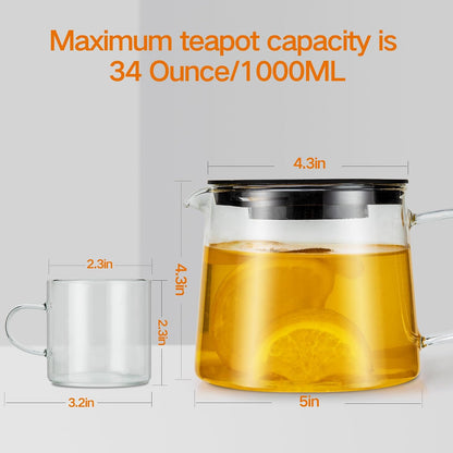 Glass Teapot 34oz/1000ml with Removable Stainless Steel Infuser Tea pot, Heatproof Borosilicate Glass Tea Make, Stovetop Safe Glass Tea Kettle for Loose and Blooming Leaf Tea