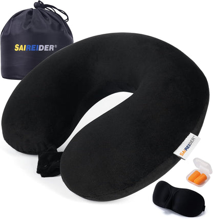 SAIREIDER Travel Pillow 100% Pure Memory Foam Travel Neck Pillow, Airplane Pillow for Traveling、Car、Home、Office，Washable Cover（Black）
