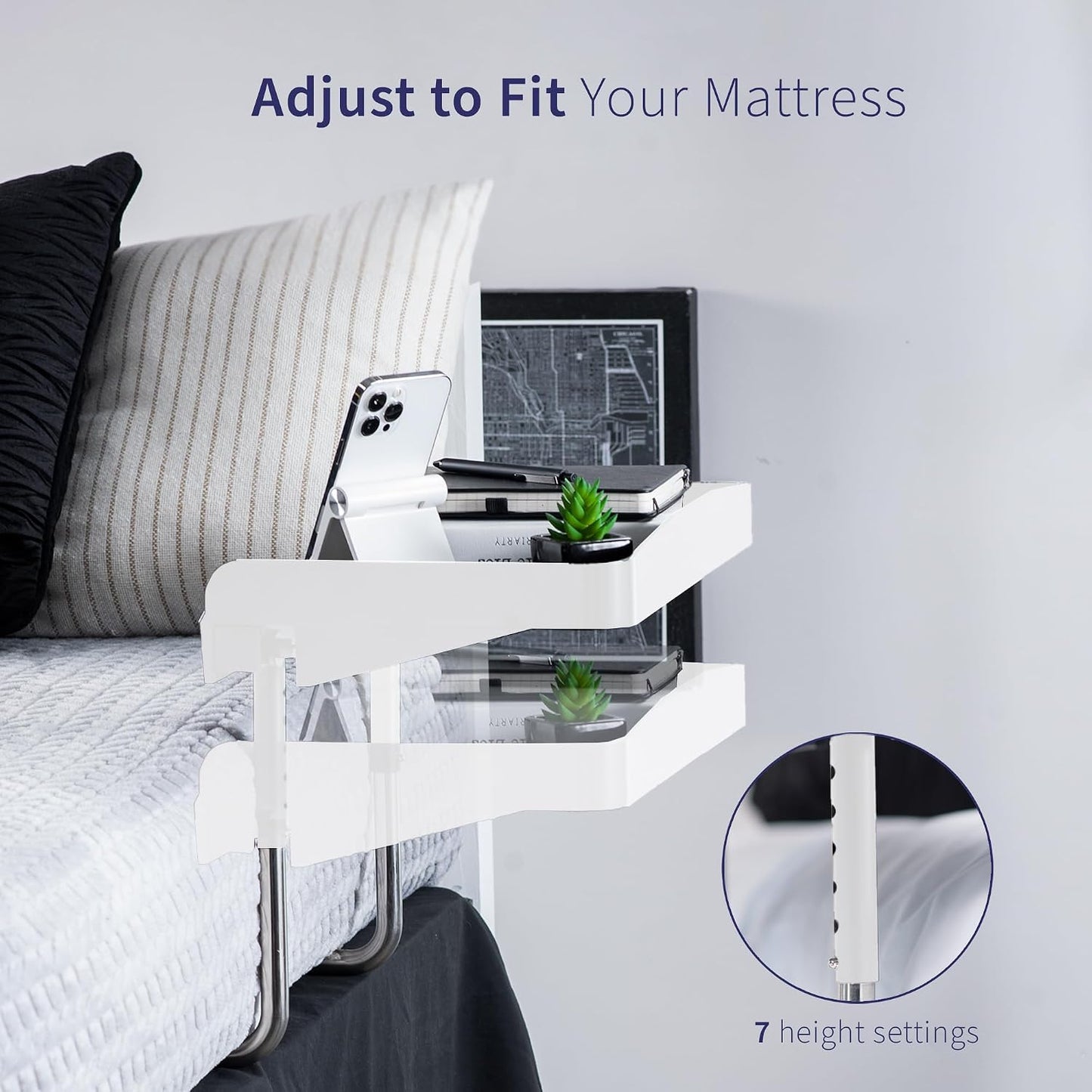 Height Adjustable Under Mattress 17 inch Bedside Shelf, Works with Lofts and Beds Without Frames, Heavy Duty Storage Tray, Fits Laptops, Books, and Drinks, Nightstand Alternative, Black